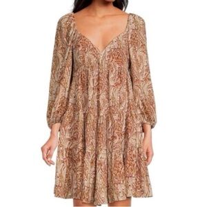 Gianni Bini Brown Camel Paisley Tiered Mini Dress Lyla Georgette XS